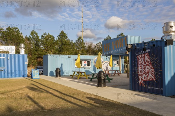 The Fort outdoor dining and entertainment hangout composed of repurposed shipping containers in Spanish Fort, Alabama, USA