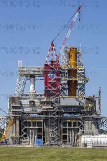 Rocket engine test stand at Stennis Space Center designed for Saturn V rocket testing and modified to test SLS Artemis rocket engines