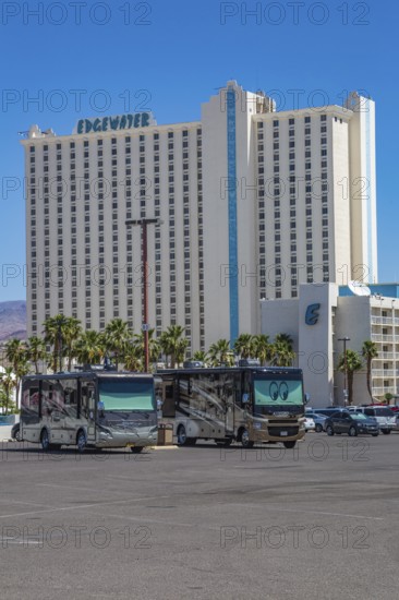 Tiffin motorhomes in parking lot of Edgewater casino resort in Laughlin, Nevada