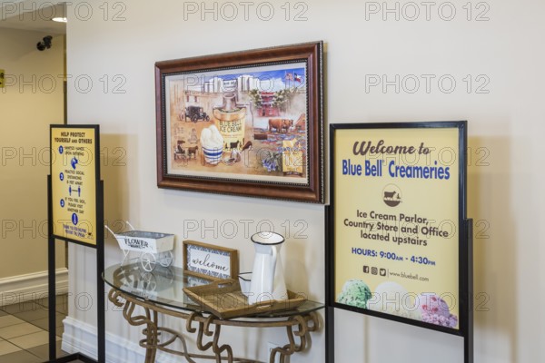 Display to welcome visitors to the Blue Bell Creameries Country Store and Ice Cream Parlor in Sylacauga, Alabama