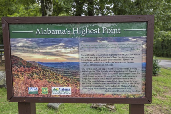 Sign at Alabama's highest point in Cheaha State Park near Delta, Alabama
