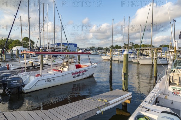 Dive boats and sailboats docked at Yacht Harbor Marina on Bayou Chico off Pensacola Bay in downtown Pensacola, Florida