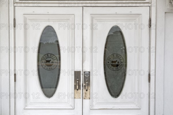Etched glass entry doors to the Blue Bell Creameries Country Store and Ice Cream Parlor in Sylacauga, Alabama