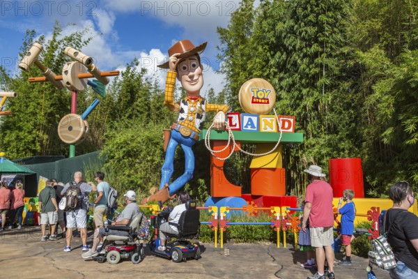 Woody featured in Toy Story Land sign in Disney's Hollywood Studios theme park