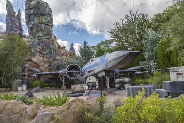 X-wing fighter starship in Star Wars Galaxy's Edge area of Disney's Hollywood Studios theme park