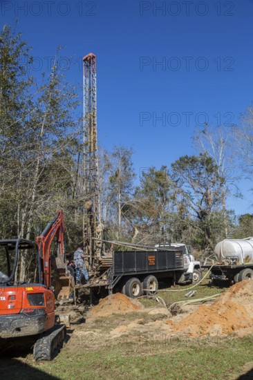 Residential water well drilling operation in rural area of Gulfport, Mississippi, USA