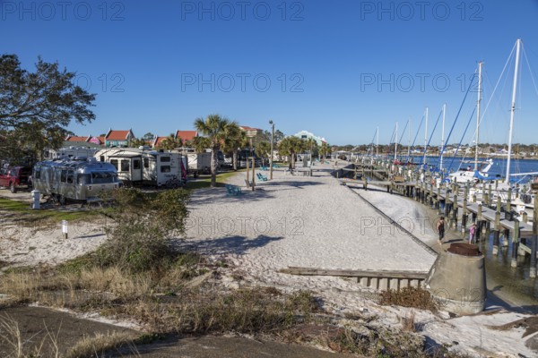 RVs parked on beach at Perdido Key RV Resort and Marina at Dolphin Pass in Perdido Key, Florida