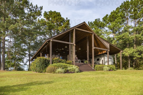 Residential pavilion with recreational vehicle cover in rural area near Hattiesburg, Mississippi