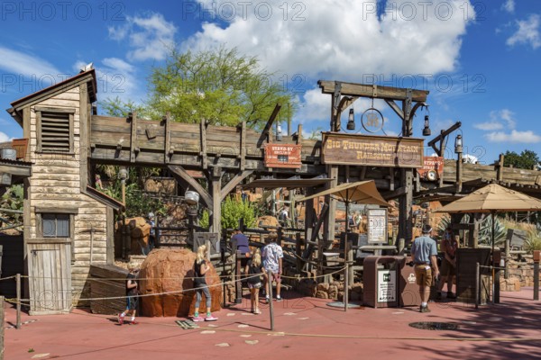 Entrance to the Big Thunder Mountain Railroad roller coaster ride attraction in the Frontierland area of Magic Kingdom at Walt Disney World, Orlando, Florida
