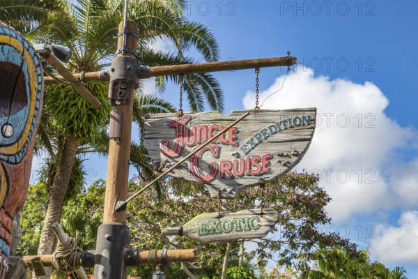 Sign for the Jungle Cruise Expedition attraction in the Adventureland area of the Magic Kingdom at Walt Disney World, Orlando, Florida