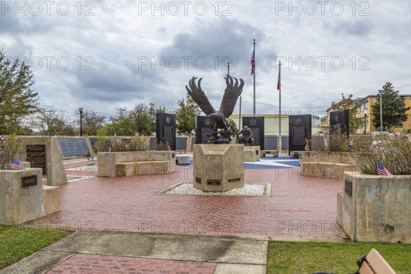 Freedom statue eagle centered in the Santa Rosa County Veterans Memorial Plaza in downtown Milton, Florida