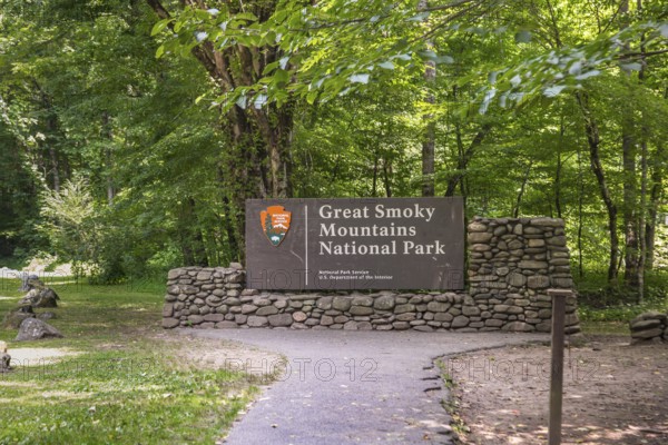 Sign at south entrance to Great Smoky Mountains National Park near Cherokee, North Carolina