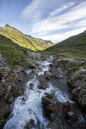 Mountain stream Gößnitzbach, Upper Gößnitz Valley, mountain landscape in the morning light, Vienna High Trail, Schober Group, Hohe Tauern National Park, Carinthia, Austria