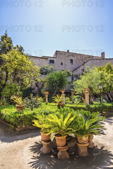 Lush green plants in terracotta pots in on a garden path at the beautiful Banys Arabs garden a sunny summer day, Banys Arabs, Palma de Mallorca, Mallorca, Spain