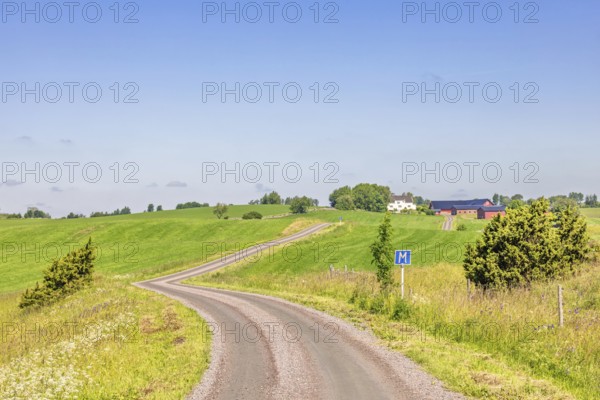 Winding gravel road in the countryside a sunny summer day with passing place road sign, Sweden