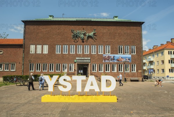 Sign YSTAD in front of the museum and art gallery in Ystad, Skåne County, Sweden, Scandinavia