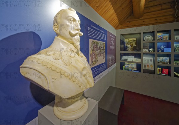 Bust of the Swedish King Gustav II Adolf, interior view, Lützen Museum 1632 to commemorate the Battle of Lützen and the death of the Swedish King Gustav II Adolf in the Thirty Years' War from 1618 to 1648, Lützen, Saxony-Anhalt, Germany