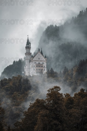 The mystical Neuschwanstein Castle in the dense fog of the mountains, Schwangau, Bavaria