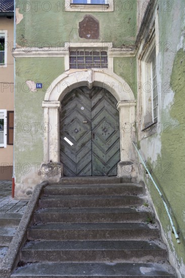 Historic entrance portal with staircase, Burglengenfeld, Upper Palatinate, Bavaria, Germany