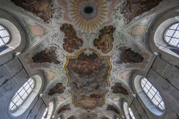 Vaulted ceiling with fresco painting, St Vitus Church, destroyed around 1630, rebuilt between 1661 and 1665, Burglengenfeld, Upper Palatinate, Bavaria, Germany