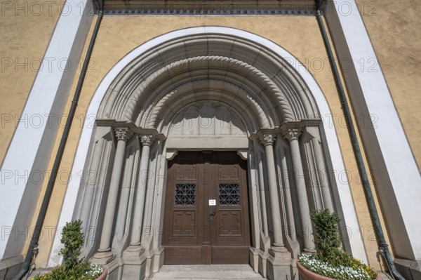 Romanesque entrance portal of St Vitus Church, destroyed around 1630, rebuilt between 1661 and 1665, Burglengenfeld, Upper Palatinate, Bavaria, Germany