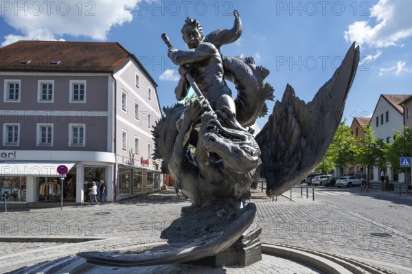 St George's Fountain, inaugurated in 1995, artist Peter Bubenik, Burglengenfeld, Upper Palatinate, Bavaria, Germany