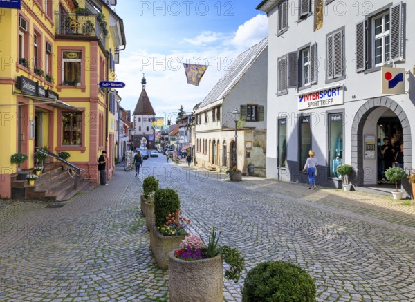 Main street with Königschaffhausener Tor, an old town gate of Endingen am Kaiserstuhl, Baden-Württemberg, Germany