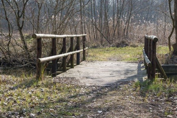Wooden bridge over the Otterbach, Steinfeld, Southern Palatinate, Rhineland-Palatinate, Germany