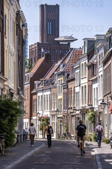 Utrecht, Netherlands, historic centre, Haverstraat, old town houses, lanterns, residential buildings, in the background building Inktpot, highest brick building in the Netherlands, office building, UFO on the roof, object of an earlier exhibition