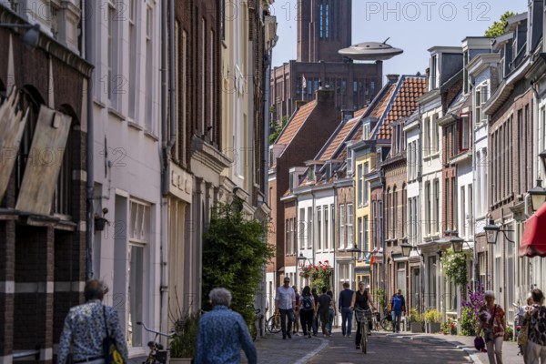 Utrecht, Netherlands, historic centre, Haverstraat, old town houses, lanterns, residential buildings, in the background building Inktpot, highest brick building in the Netherlands, office building, UFO on the roof, object of an earlier exhibition