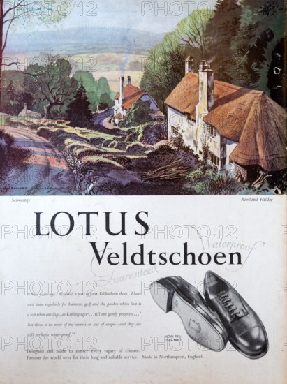 Country Life magazine colour advertisement 1951 Lotus Veldtschoen, picture of Selworthy by Rowland Hilder