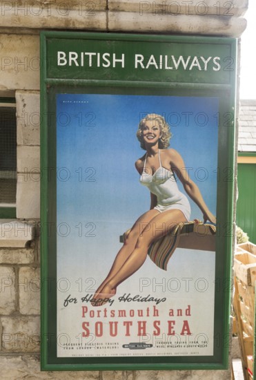 Vintage British Railways rail advertising poster, Swanage railway station, Dorset, England, UK