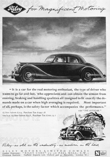 Riley Motors Limited car advert London Illustrated News, 1949