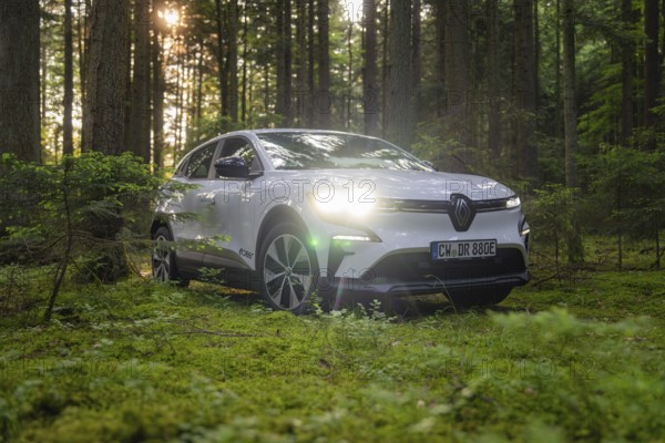 White car standing in the sunlight in the green forest, Renault Megane, Deer E Carsharing, electric car, Calw, Black Forest, Germany