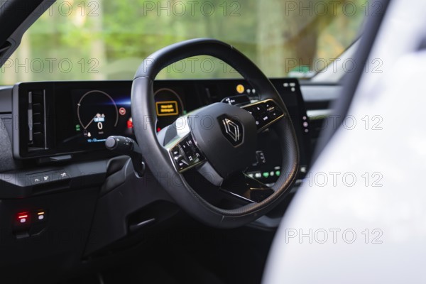 Modern car interior with focus on the steering wheel, Renault Megane, Deer E Carsharing, electric car, Calw, Black Forest, Germany