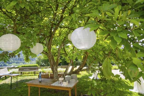 Summer garden with table, crockery and decorative white lanterns under a tree, event and wedding location Kloster Lorch, Lorch, Germany