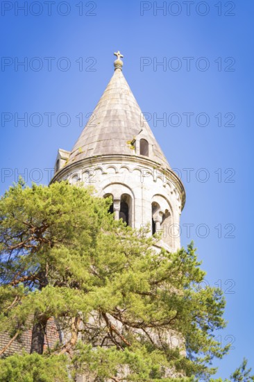 Top of a medieval church tower with a tree in the foreground under a blue sky, event and wedding location Lorch Monastery, Lorch, Germany