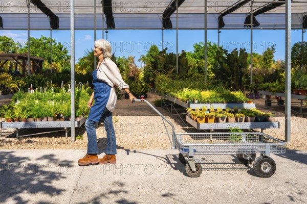 Senior gardener pushing a cart in a plant nursery on a sunny day, surrounded by various plants