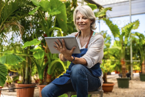 Happy mature woman working in plant nursery and using digital tablet, managing plants and flowers