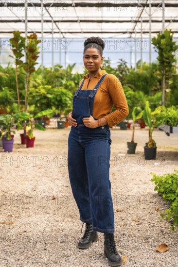 Young african american woman, dressed in denim overalls, posing confidently in a greenhouse, showcasing her gardening expertise and passion for plants