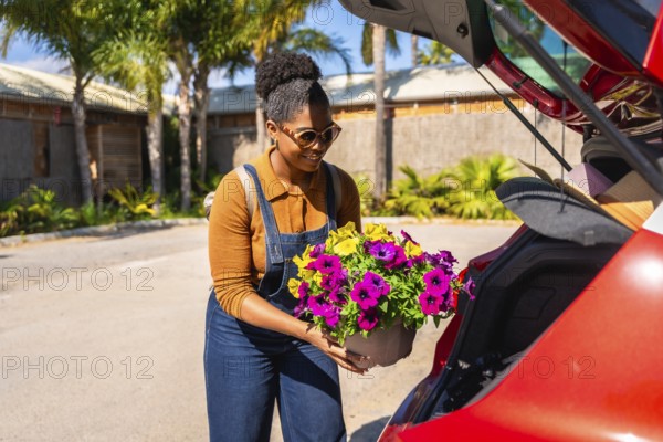 Young woman gardener carefully placing colorful petunia flower pots into the trunk of her red car on a sunny day, ready for delivery or planting