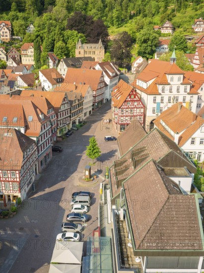 Historic street with half-timbered houses and a small market square, Calw, Black Forest, Germany
