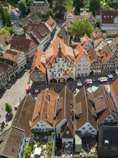 Historic old town with half-timbered houses and central square seen from the air, Calw, Black Forest, Germany