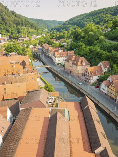 View over red roofs and a river, surrounded by wooded hills, Calw, Black Forest, Germany