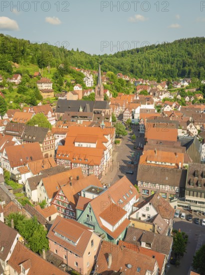 Panorama of a historic town with tiled roofs and a church in the centre, Calw, Black Forest, Germany