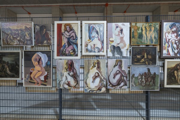 Collection of nude paintings in a gallery exhibition, historical art exhibition in the old swimming pool, show depot, Calw, Black Forest, Germany