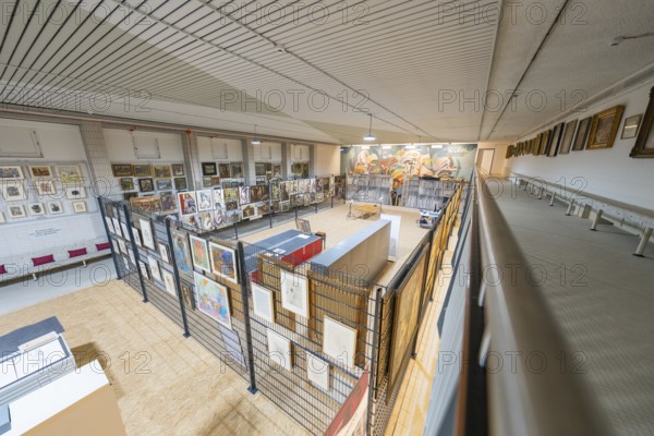 View of a diverse collection of artworks in a modern gallery on an upper floor, historical art exhibition in the old swimming pool, Schaudepot, Calw, Black Forest, Germany