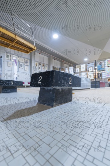 A dark winner's podium stands in an exhibition hall, surrounded by works of art and industrial lighting, historical art exhibition in the old swimming pool, Schaudepot, Calw, Black Forest, Germany