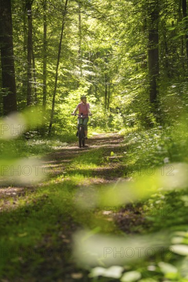 Person riding a bicycle on a shady forest path, surrounded by green nature, Gechingen, Black Forest, Germany