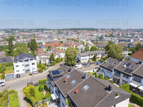 Bird's eye view of a residential neighbourhood with tiled roofs against an urban backdrop, roof renovation, house construction, Pforzheim, Germany